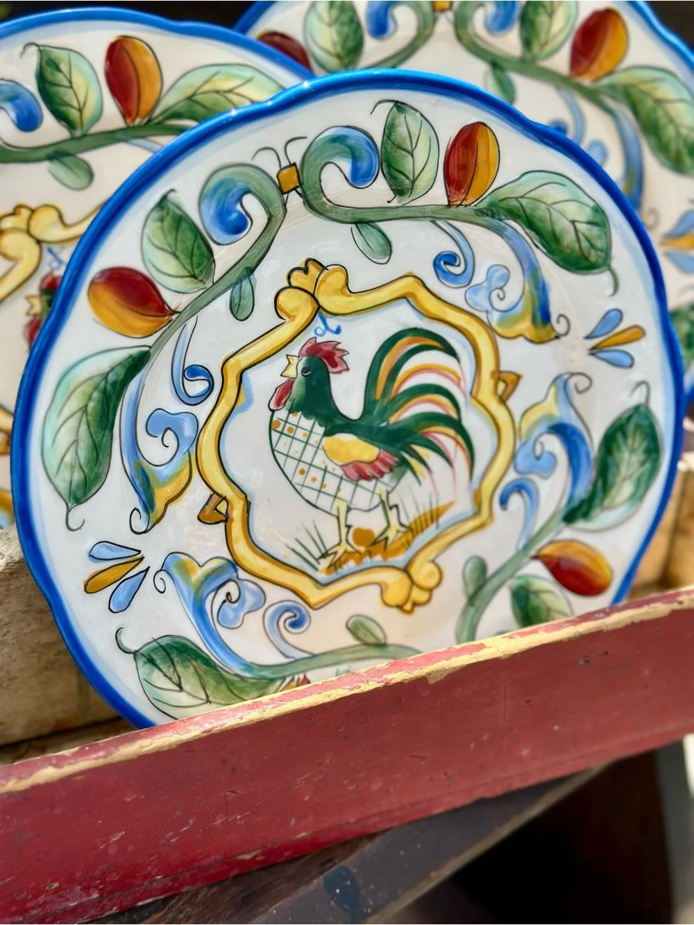 Fitz and Floyd Ricamo Rooster Salad Plates Set of 3 Blue Rim 9 inch